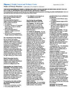 All-Offices HIPAA Notice of Privacy Practices document from Physicians Weight Control & Wellness Center, revised September 23, 2013, outlining patient information handling and privacy protocols.